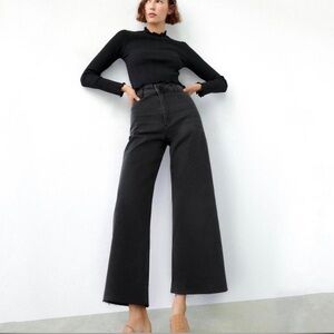 Zara Classic Black High Waist Marine Jean with Raw Hem